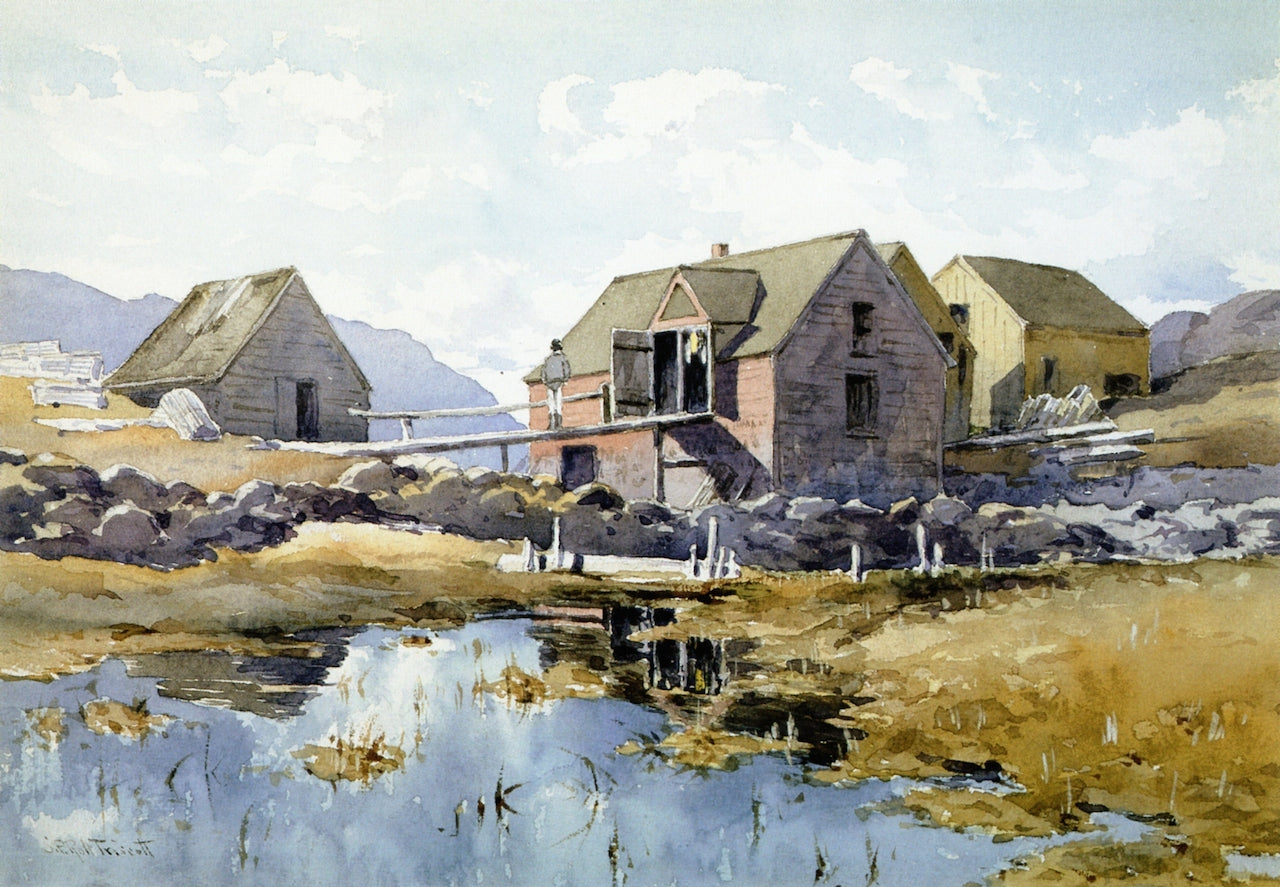Stanley Fish House, Trefethren Barn, Starling Fish Houses, Monhegan Village, vintage artwork by Samuel P. R. Triscott, 12x8" (A4) Poster