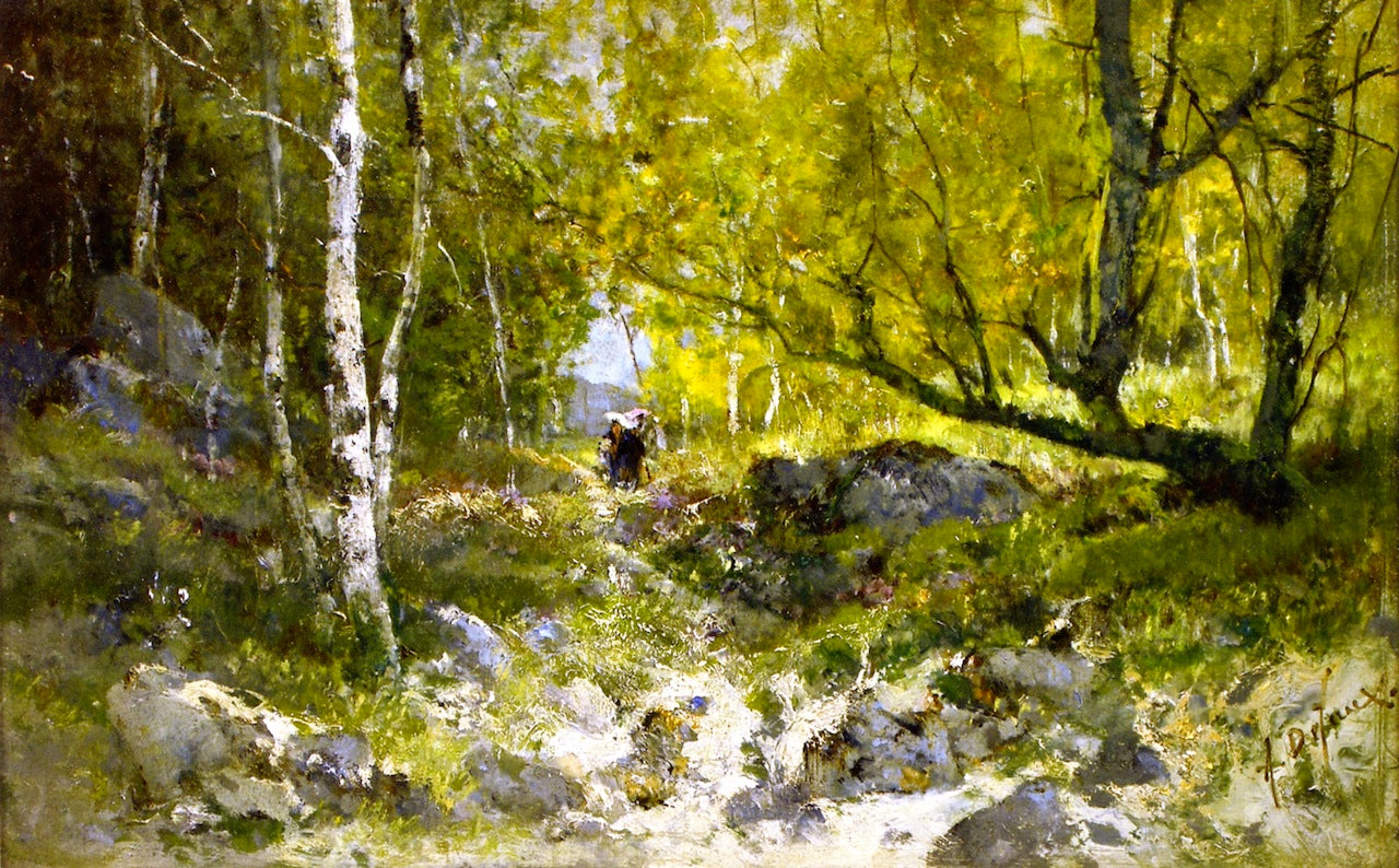 Walk in the Woods in Fontainebleau Forest, vintage artwork by Alexandre Defaux, 12x8" (A4) Poster