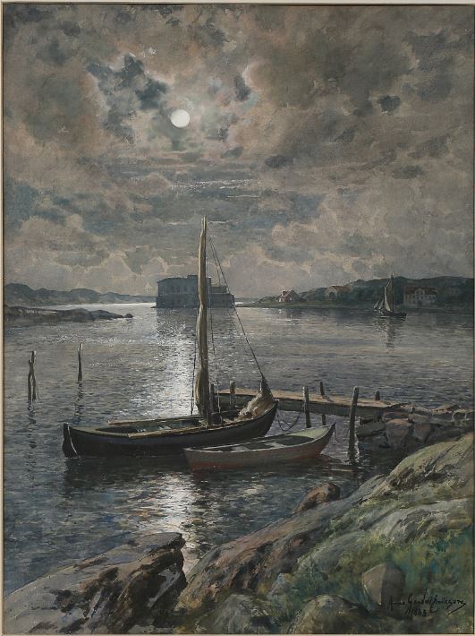 Marstrand in the moonlight, vintage artwork by Anna Gardell-Ericson, 12x8" (A4) Poster