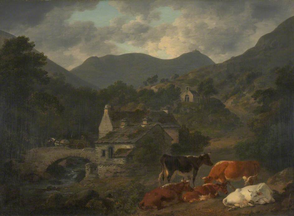 Buttermere Bridge and Church from 'The Fish Inn', vintage artwork by Julius Caesar Ibbetson, 12x8" (A4) Poster