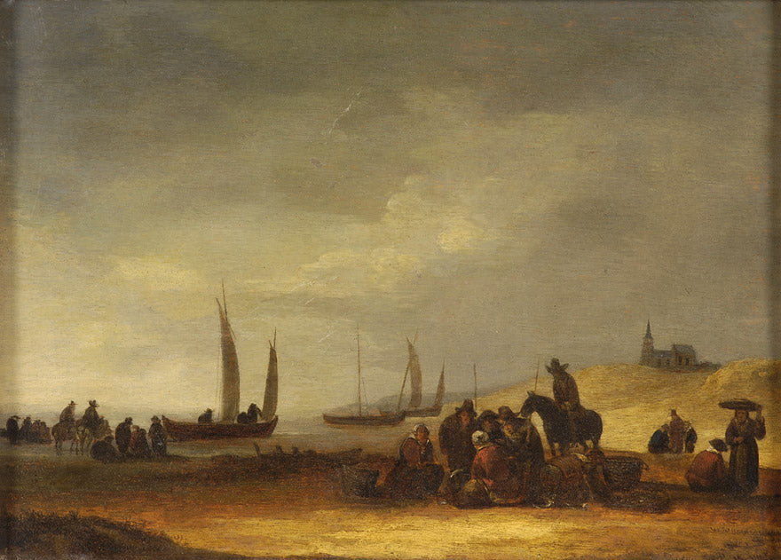 Fishermen on the Beach of Scheveningen, vintage artwork by Egbert van der Poel, 12x8" (A4) Poster