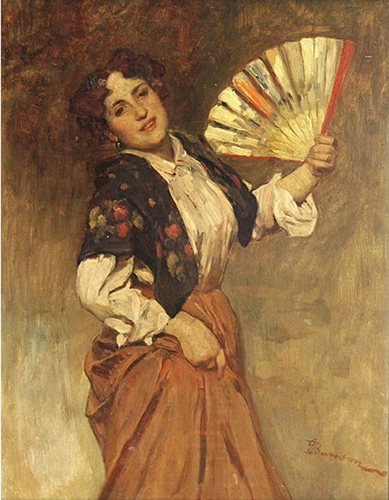 Girl with a Fan, vintage artwork by After Giuseppe Barison, 12x8" (A4) Poster