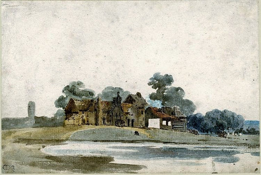 Farm and Pond, vintage artwork by Thomas Girtin, 12x8" (A4) Poster