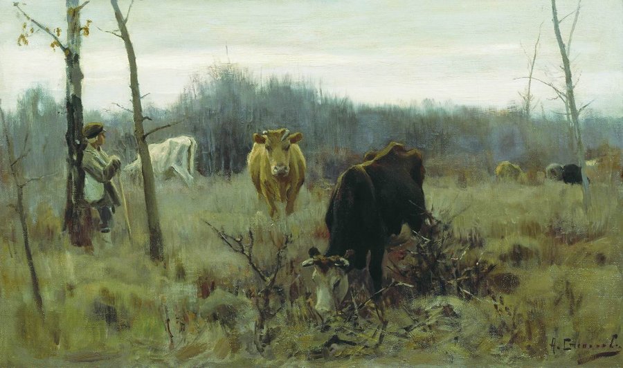 Grazing Cows, vintage artwork by Alexei Stepanov, 12x8" (A4) Poster