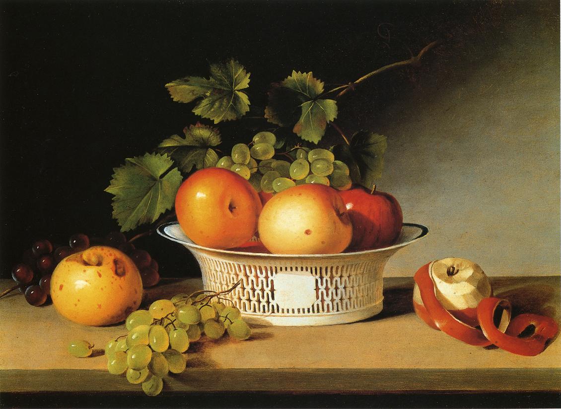 Apples and Grapes in a Pierced Bowl, vintage artwork by James Peale, 12x8" (A4) Poster