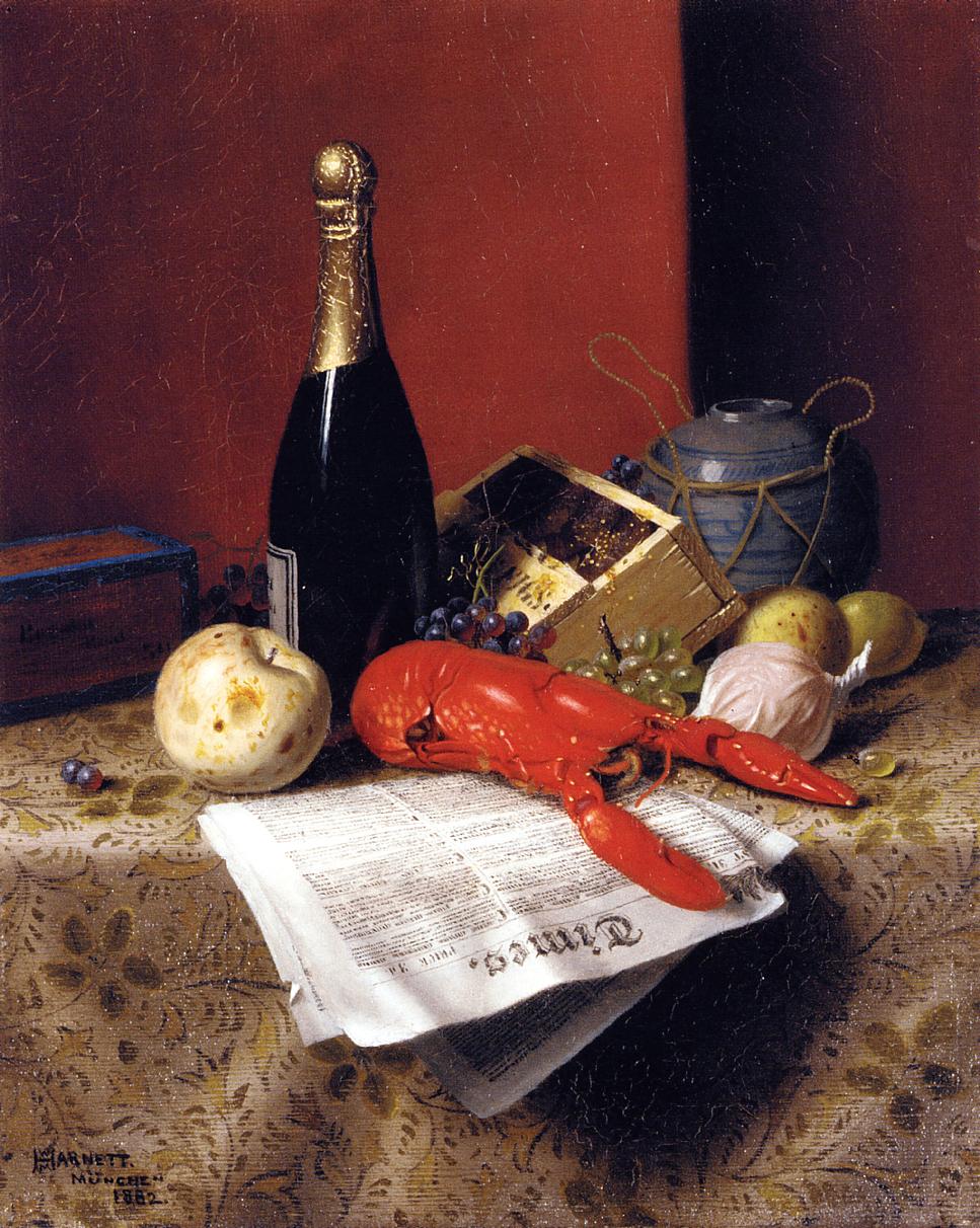 Still Life with Lobster, Fruit, Champagne and Newspaper, vintage artwork by William Michael Harnett, 12x8" (A4) Poster
