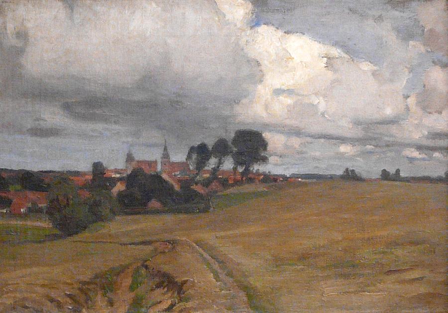 Landscape with Village (Landschaft mit Dorf), vintage artwork by Eugen Felix Prosper Bracht, 12x8" (A4) Poster