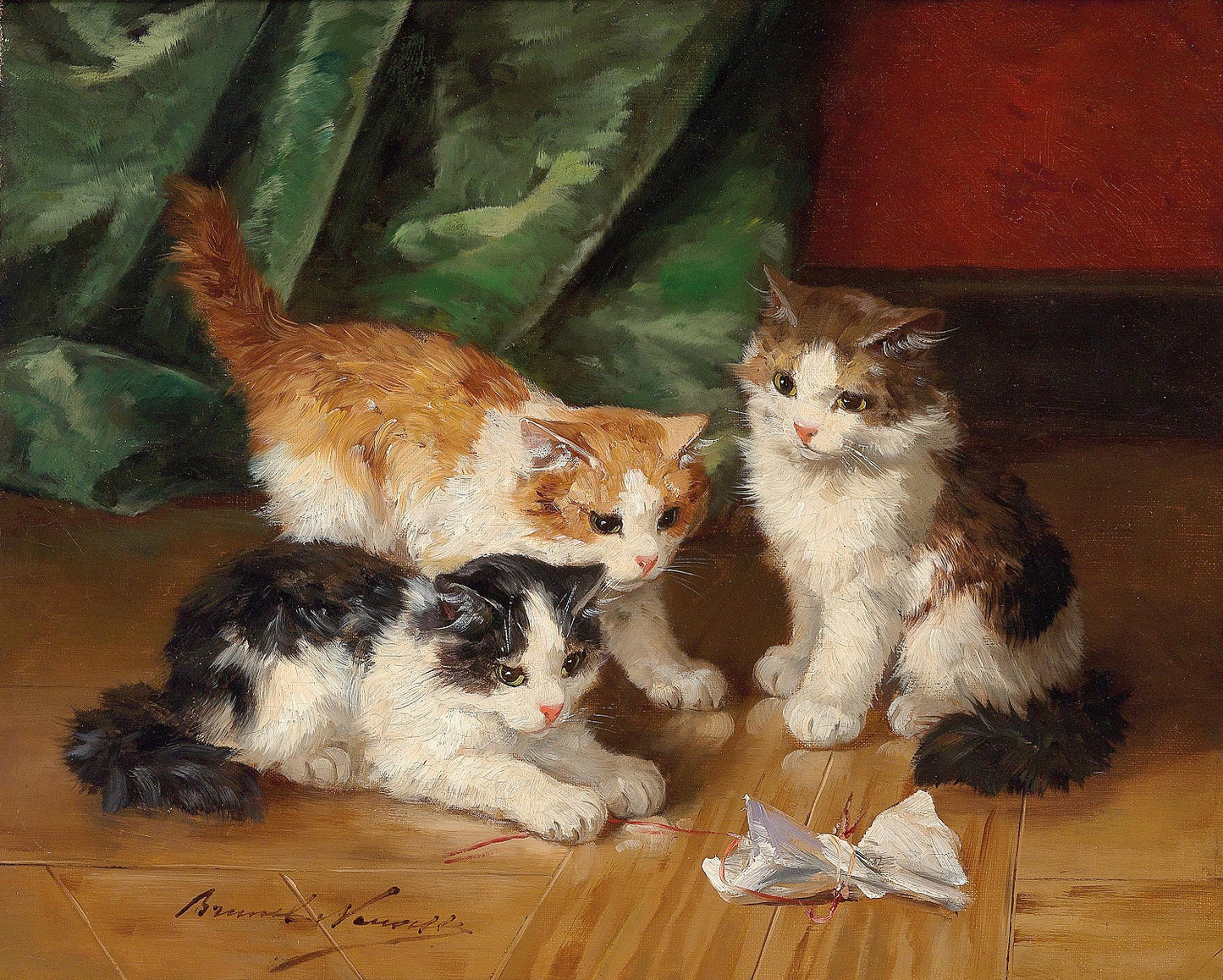 trois chatsjouant avec un bout de papier, vintage artwork by Alfred Brunel de Neuville, 12x8" (A4) Poster
