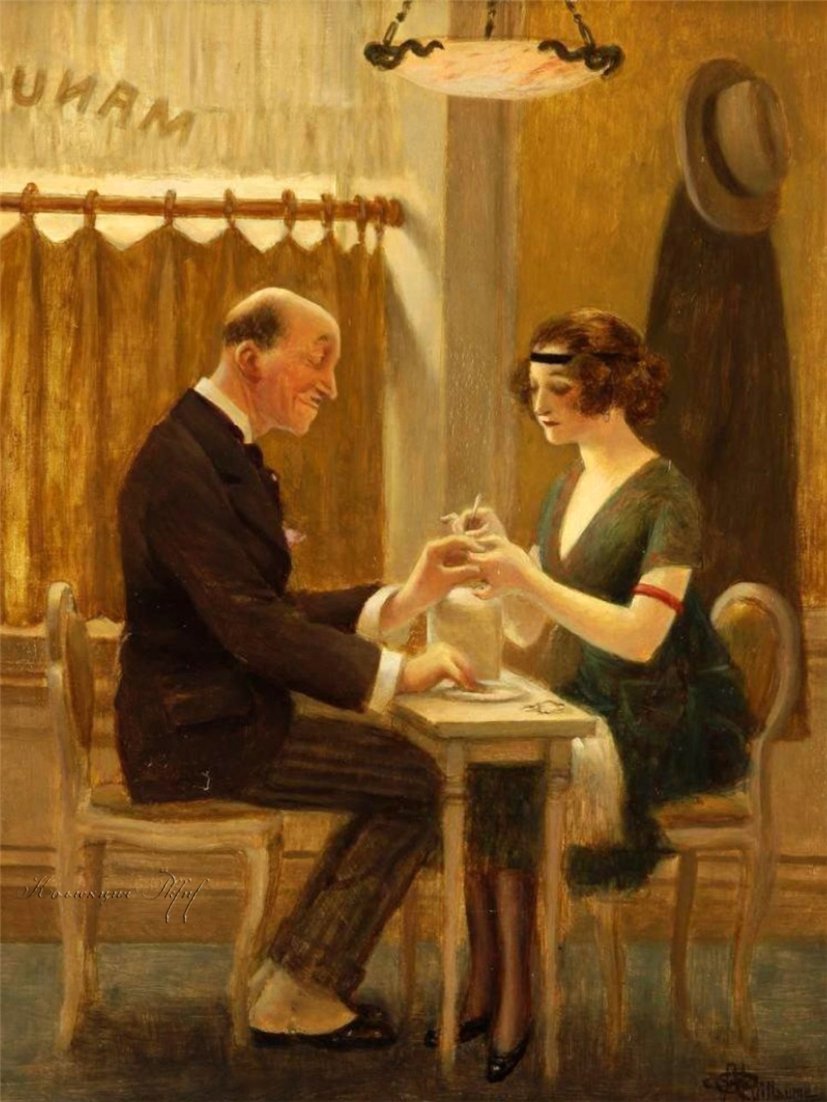 La Main dans la main, vintage artwork by Albert Guillaume, 12x8" (A4) Poster