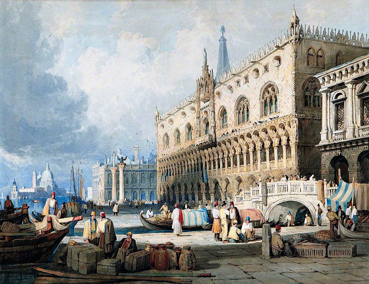 The Doge's Palace and the Grand Canal, Venice, vintage artwork by Samuel Prout, 12x8" (A4) Poster