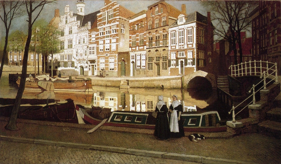 A View in Delfshaven with Women in Custume conversing on a Quay along a Canal, vintage artwork by Johannes Christiaan Karel Klinkenberg, 12x8" (A4) Poster