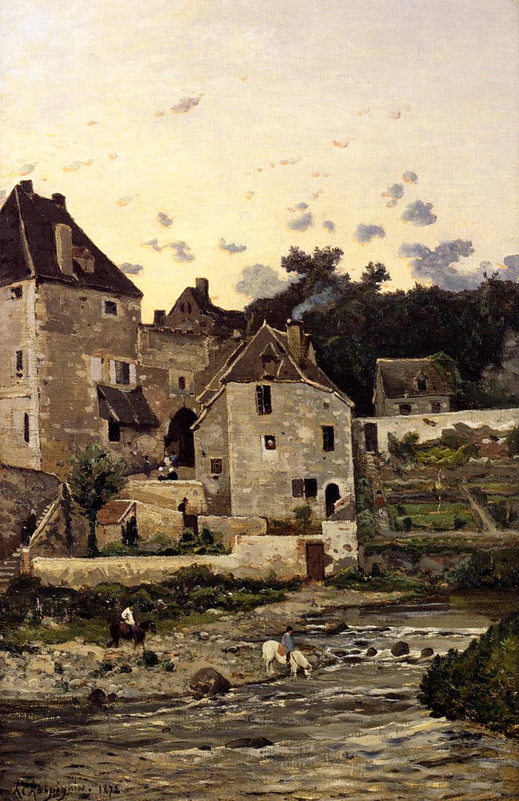 The Village of Herisson on the Banks of the Aumance, vintage artwork by Henri-Joseph Harpignies, 12x8" (A4) Poster