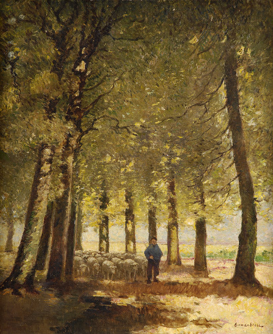 Poplar avenue with sheep herd in summer by German Grobe,A3(16x12")Poster
