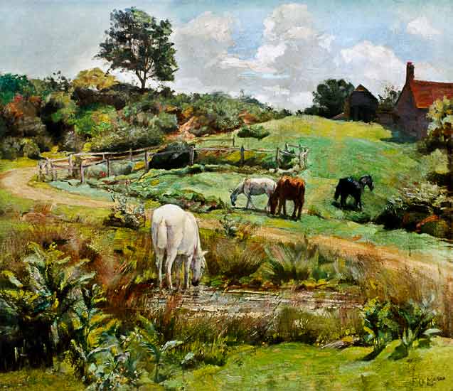 Horses Grazing in a Landscape by Frank O'Meara,A3(16x12")Poster
