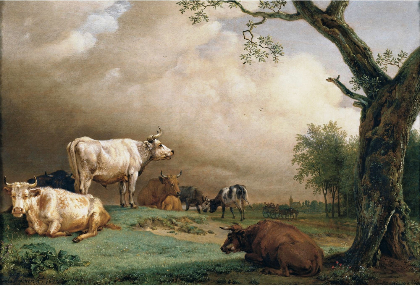 Cattle in a Field, with Travellers in a Wagon on a Track Beyond and a Church, vintage artwork by Paulus Potter, 12x8" (A4) Poster