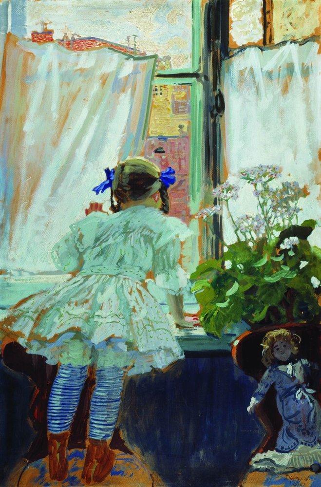 The Artist's Daughter by the Window, vintage artwork by Boris Mikhailovich Kustodiev, 12x8" (A4) Poster
