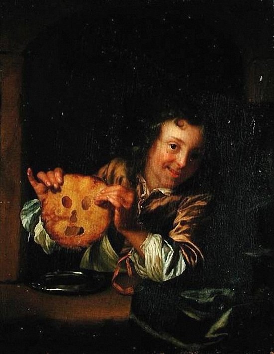 Boy with Pancakes, vintage artwork by Godfried Schalcken, 12x8" (A4) Poster