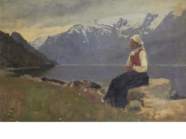 Fjord landscape with girl seated on a rock, vintage artwork by Hans Dahl, 12x8" (A4) Poster