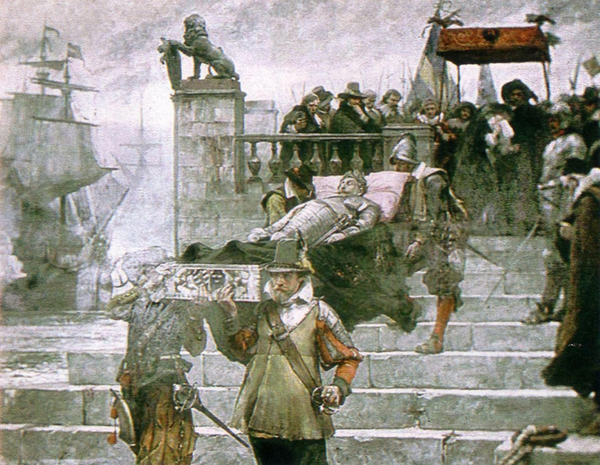 Embarkation of the body of Gustavus II Adolphus at the Port of Wolgast 1633, vintage artwork by Carl Gustav Hellqvist, 12x8" (A4) Poster