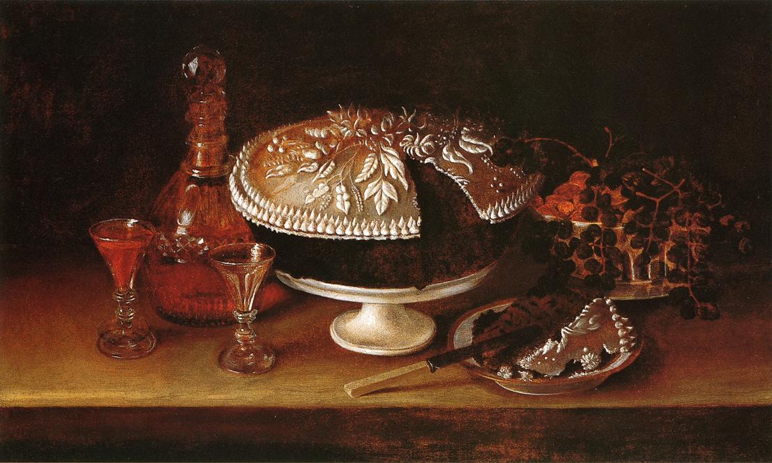 Wedding Cake, Wine, Almonds, and Raisins, vintage artwork by Rubens Peale, 12x8" (A4) Poster