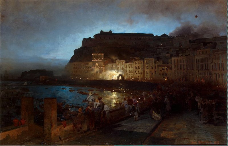 Fireworks in Naples, vintage artwork by Oswald Achenbach, 12x8" (A4) Poster