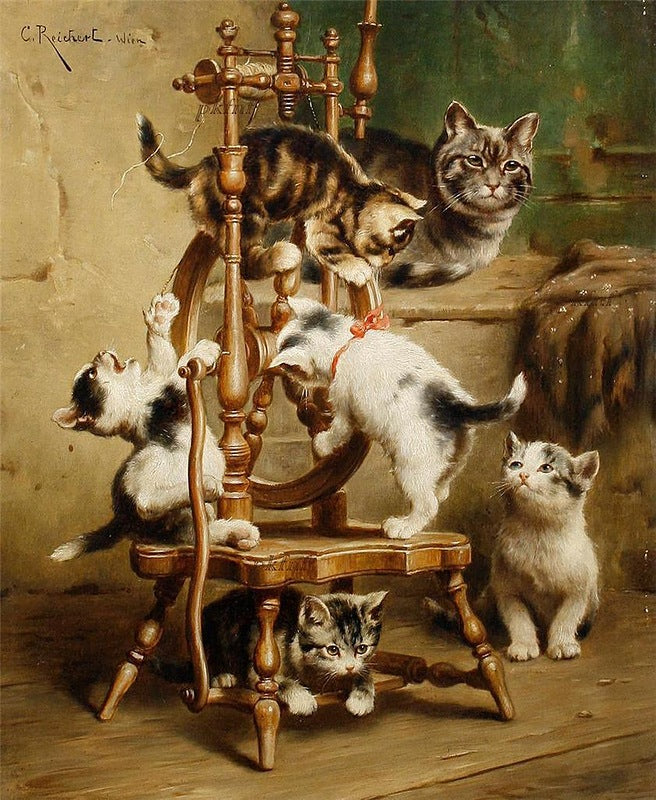 Kittens playing on a spinning wheel, vintage artwork by Carl Reichert, 12x8" (A4) Poster
