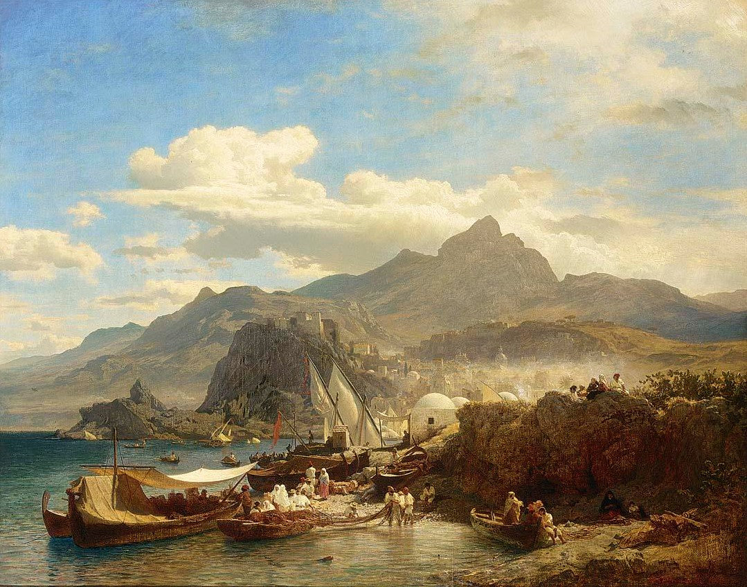 A Busy Town on the Levantine Coast, vintage artwork by Andreas Achenbach, A3 (16x12") Poster Print