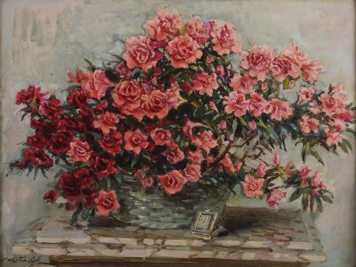 Basket of Roses, vintage artwork by Konstantin Westchilov, 12x8" (A4) Poster