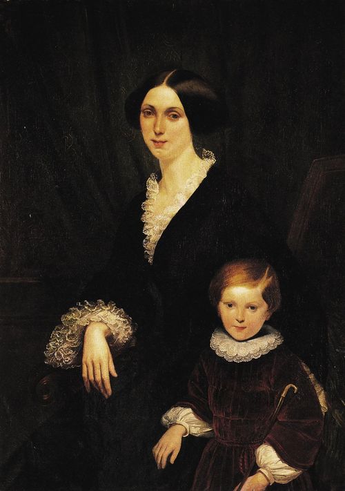 Portrait of Elizabeth Barrett Browning and her son, vintage artwork by Francesco Podesti, A3 (16x12") Poster Print