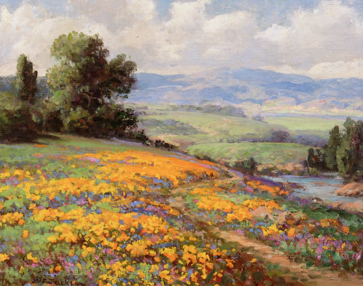 Hillside of Poppies with Cumulus Clouds, vintage artwork by William Franklin Jackson, 12x8" (A4) Poster