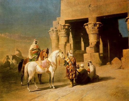 Halte de cavaliers devant le temple d'Edfou, vintage artwork by Felice Cerutti Bauduc, A3 (16x12") Poster Print