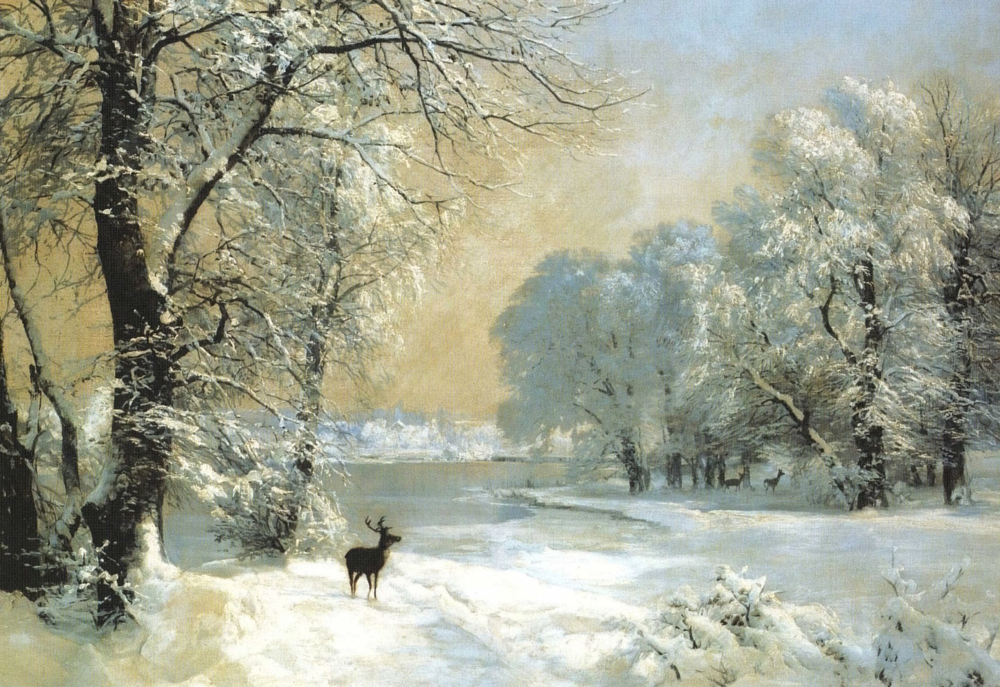 Deer in a Snow-Covered Landscape, vintage artwork by Anders Anderson-Lundby , 12x8" (A4) Poster
