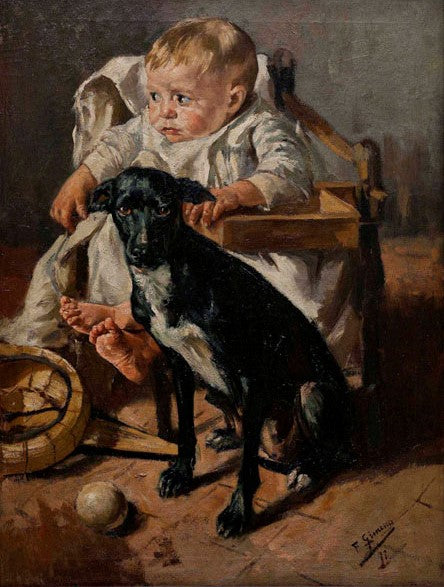 The Baby and his Good Companion, vintage artwork by Francisco Gimeno y Arasa, 12x8" (A4) Poster