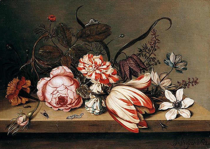 Flower still life on a wooden table, vintage artwork by Ambrosius Bosschaert the Younger, 12x8" (A4) Poster