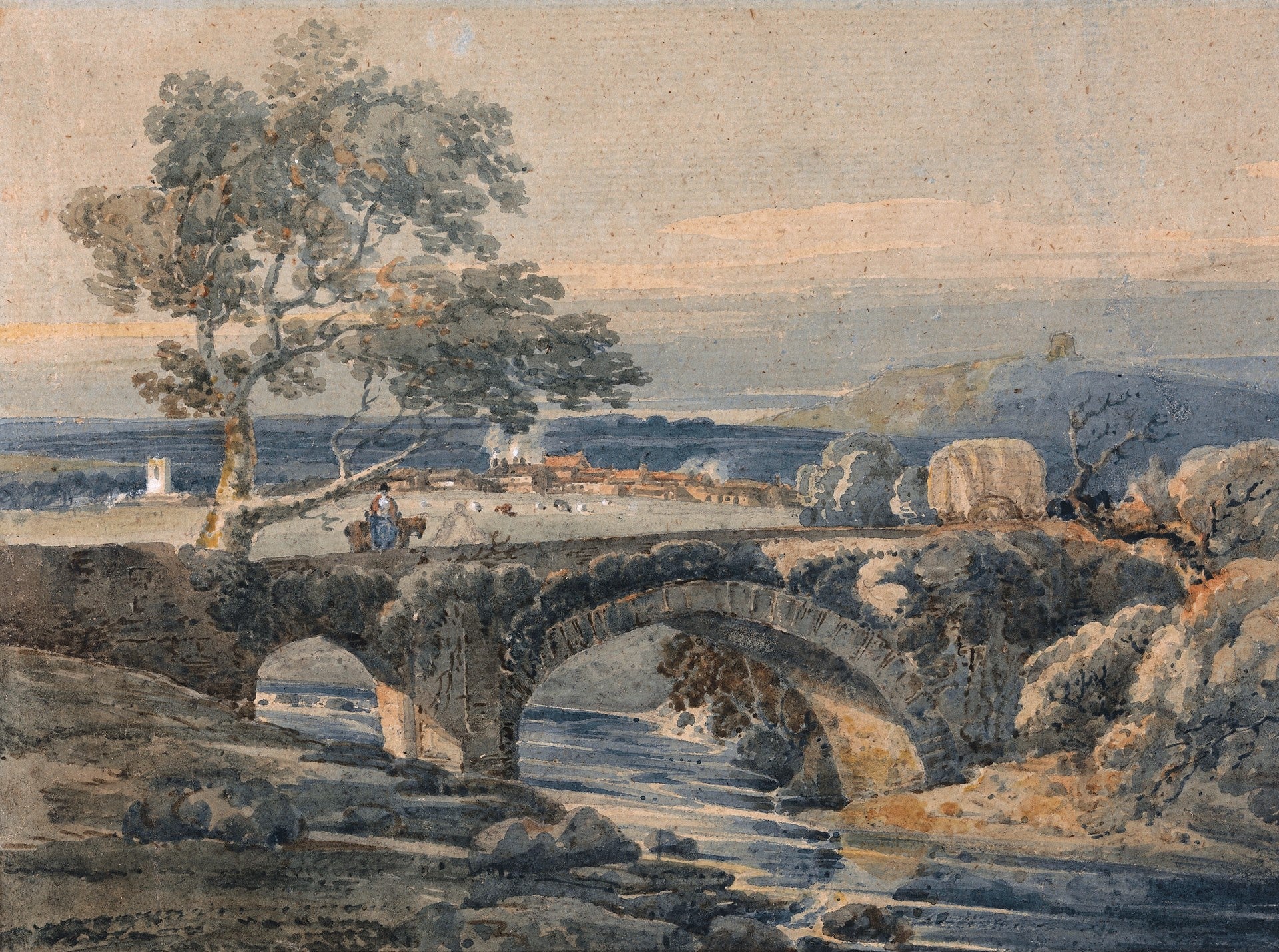 The Old Bridge in Devon, vintage artwork by Thomas Girtin, 12x8" (A4) Poster