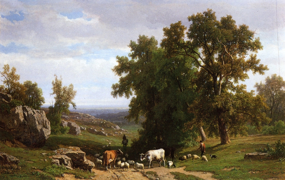 An Extensive Wooded Rocky Landscape with Shepherds and Flock, Cows and a Traveller on a Horseback, vintage artwork by Eugene Verboeckhoven, A3 (16x12") Poster Print