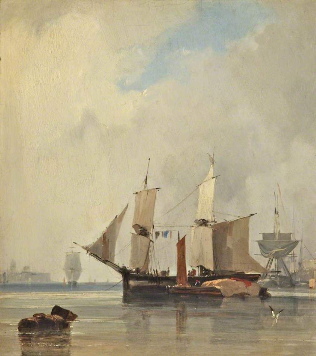 Fishing Boats in a Calm: Ships at Anchor, vintage artwork by Richard Parkes Bonington, A3 (16x12") Poster Print