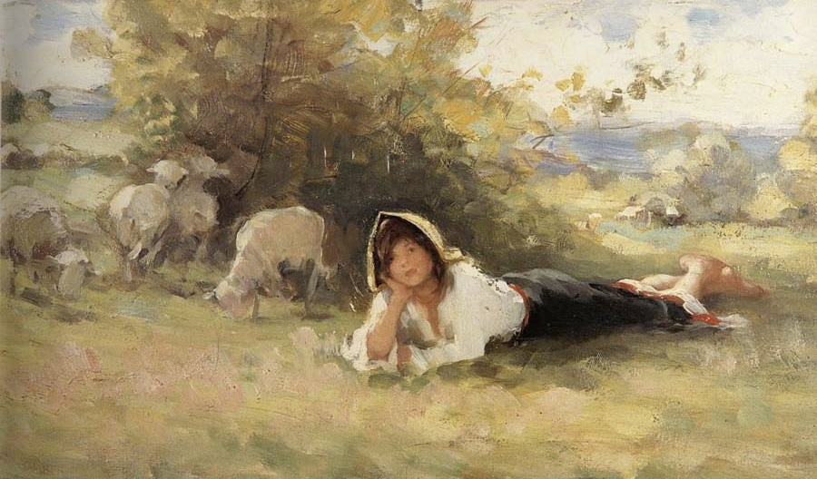 The Shepherdess, vintage artwork by Nicolae Grigorescu, 12x8" (A4) Poster