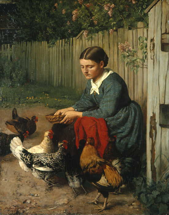 Girl feeding the chickens, vintage artwork by Hans Thoma, 12x8" (A4) Poster
