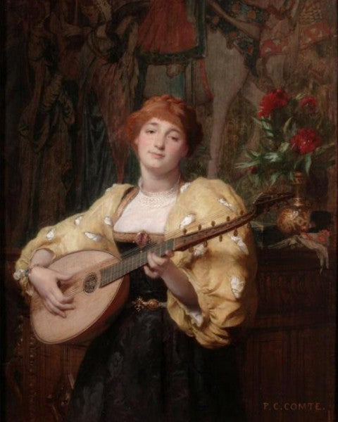 Woman with lute, vintage artwork by Pierre Charles Comte, 12x8" (A4) Poster