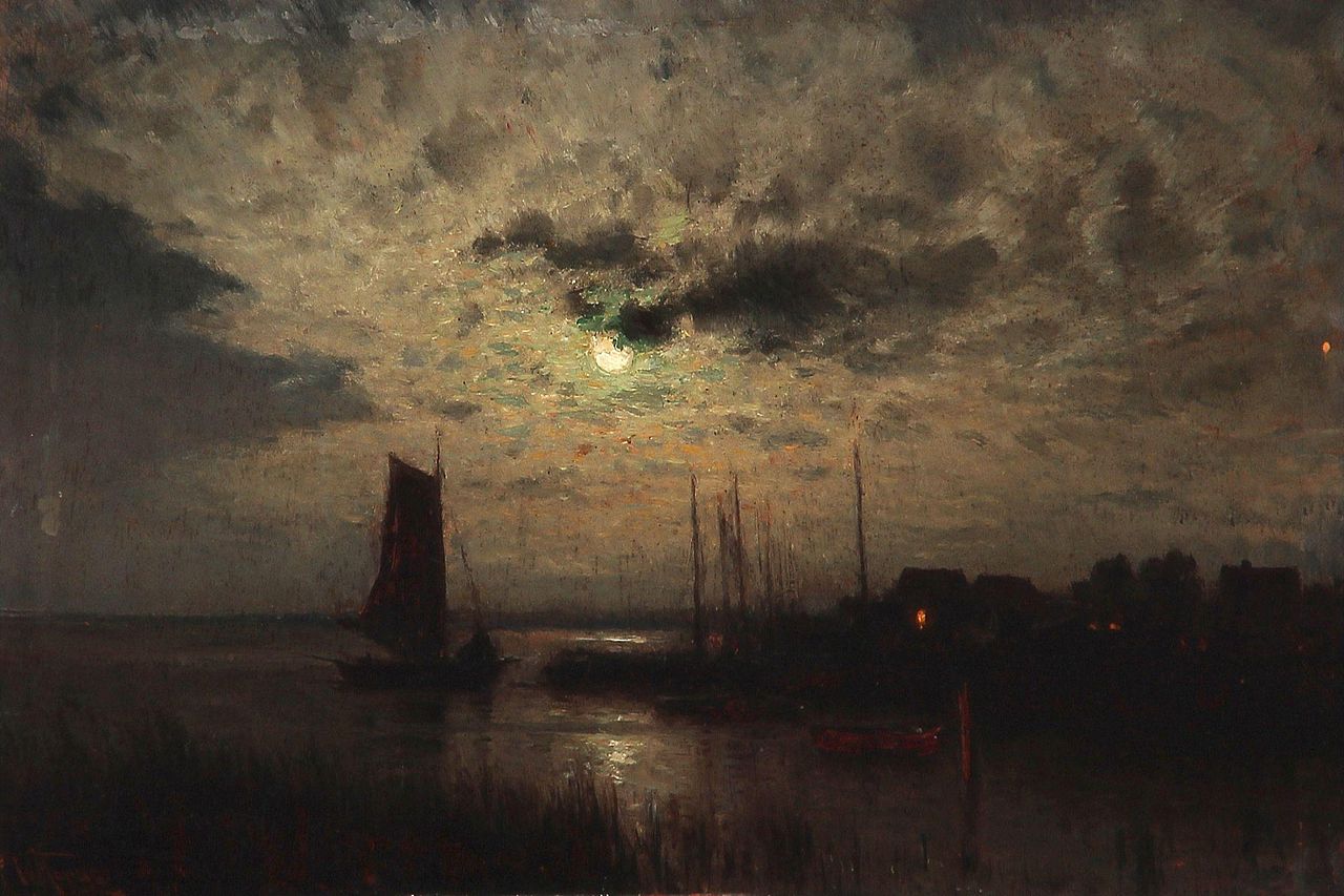 Fishing Village in Moonlight, vintage artwork by Walter Moras, 12x8" (A4) Poster