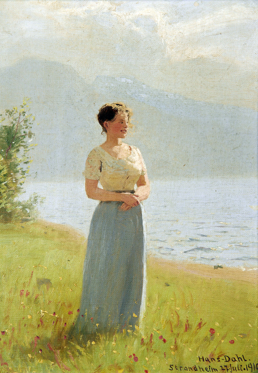Girl Beside a Fjord, vintage artwork by Hans Dahl, 12x8" (A4) Poster