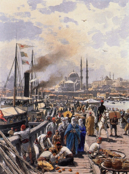 The Old Galatea Bridge connecting Karakoy to Eminonu Over the Gold Horn, Istanbul, vintage artwork by Themistolles von Eckenbrecher, 12x8" (A4) Poster