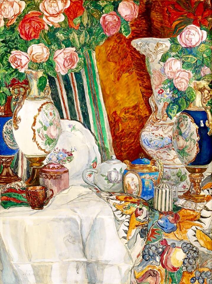 Still life with porcelain vases and flowers, vintage artwork by Alexander Golovin, 12x8" (A4) Poster