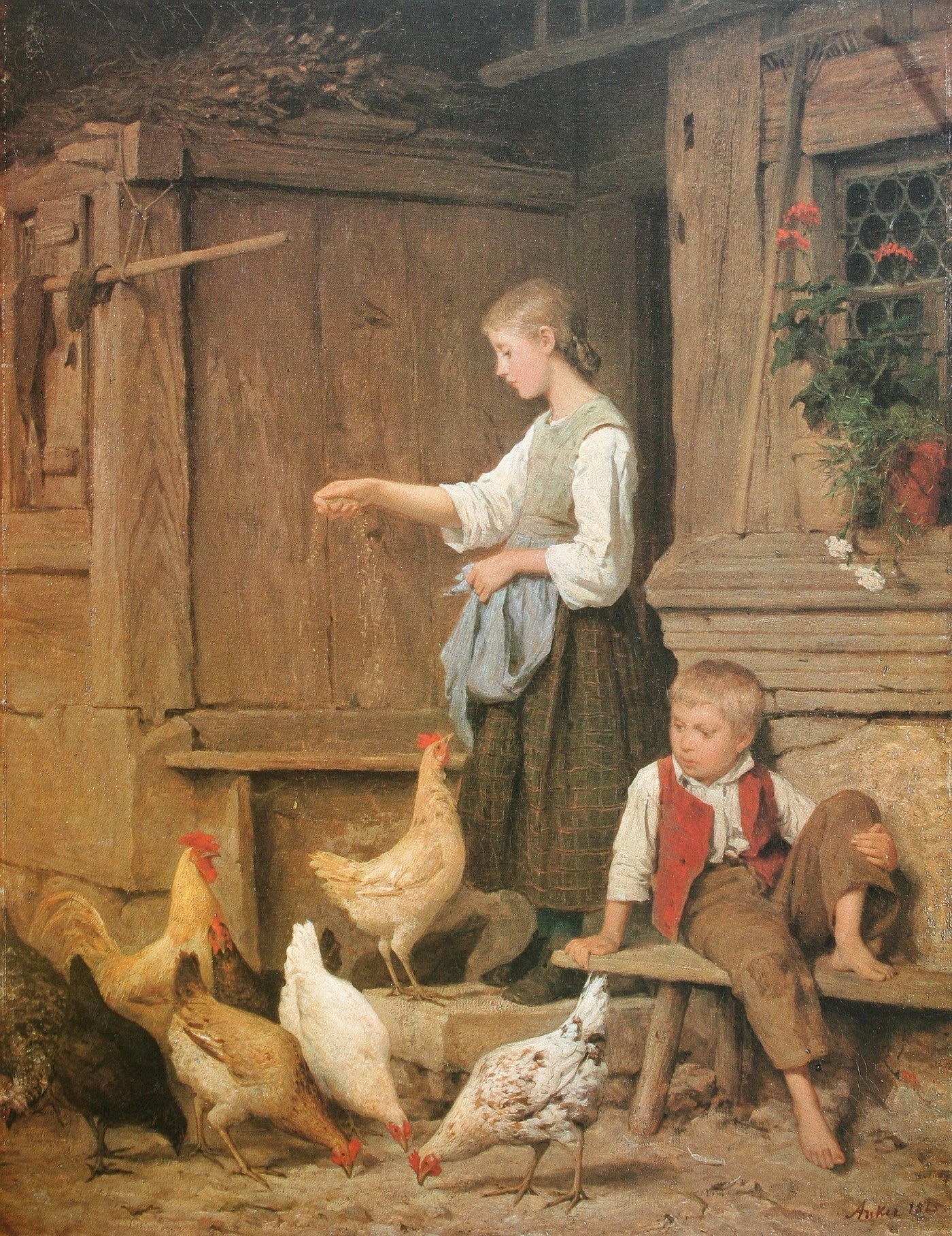 Girl Feeding Chickens, vintage artwork by Albert Anker, 12x8" (A4) Poster