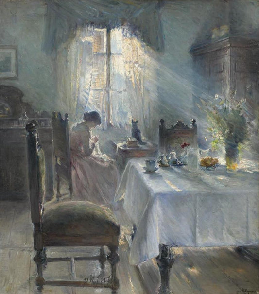 Woman sewing in an interior, vintage artwork by Bertha Wegmann, 12x8" (A4) Poster