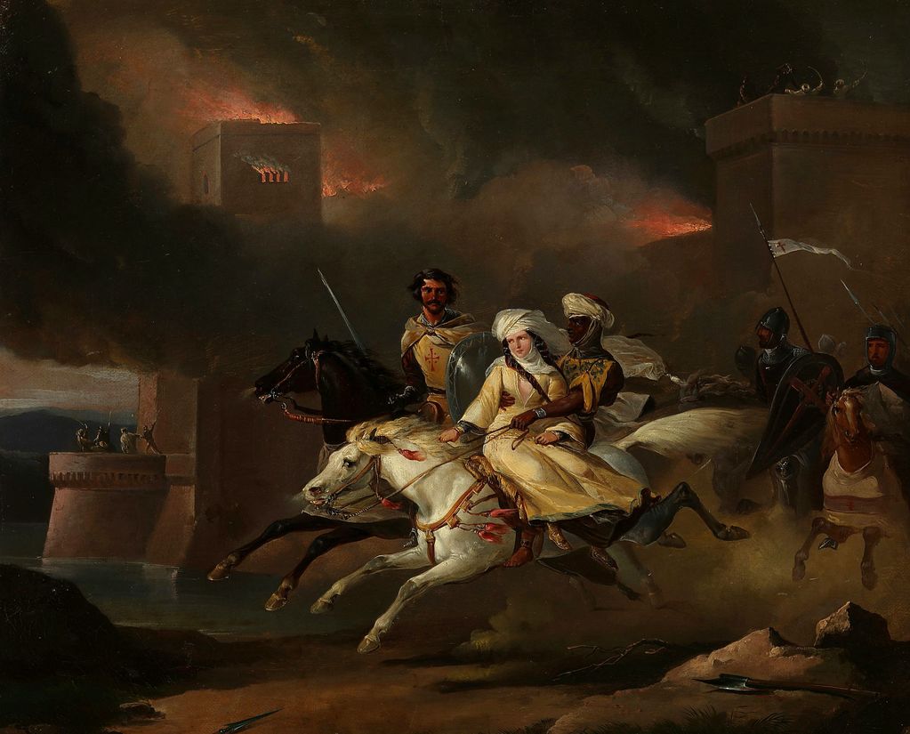 Rebecca and Sir Brian de Bois-Guilbert, vintage artwork by Leon Cogniet, A3 (16x12") Poster Print