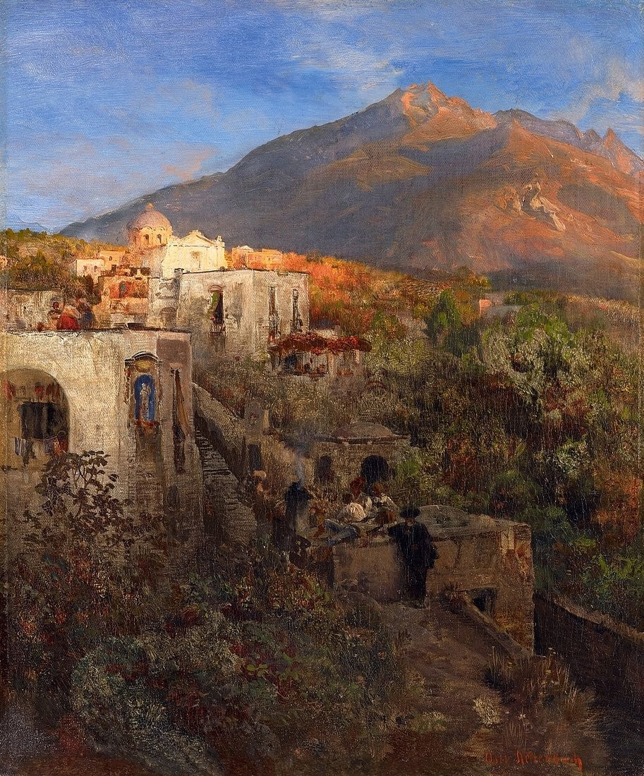 Evening on Ischia with View on the Mount Epomeo, vintage artwork by Oswald Achenbach, 12x8" (A4) Poster