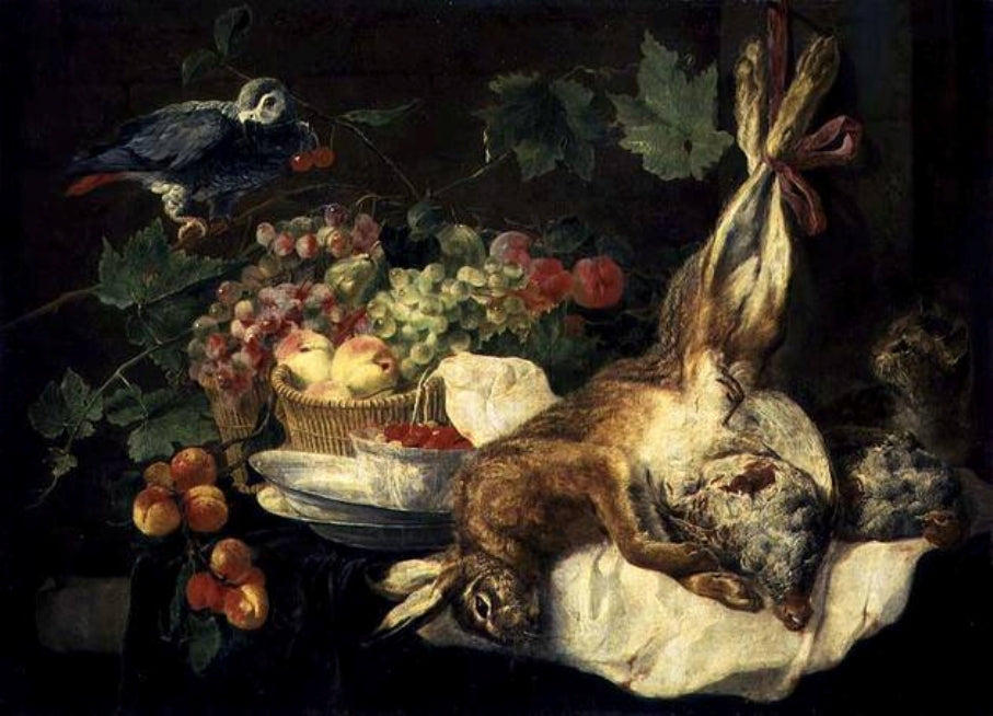 Nature morte avec lièvre, fruit et perroquet, vintage artwork by Jan Fyt, 12x8" (A4) Poster