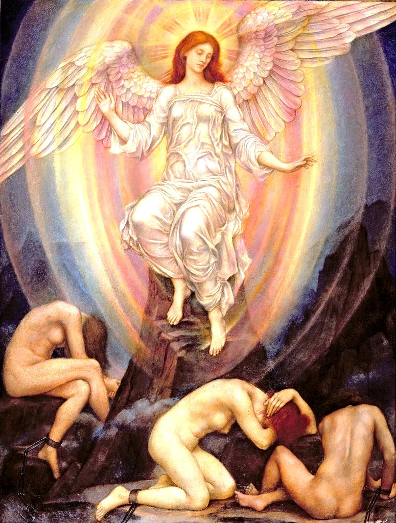 The Light Shineth in Darkness and the Darkness Comprehendeth it Not, vintage artwork by Evelyn de Morgan, 12x8" (A4) Poster